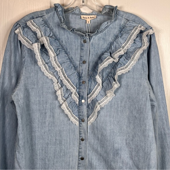 Aaron & Amber Chambray Ruffle Lace Button Front Shirt Sz S Puff Sleeves - Picture 10 of 16